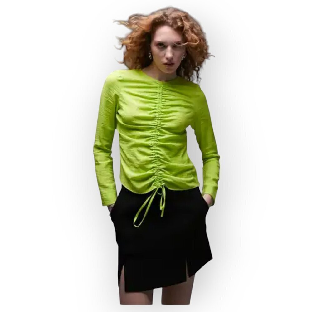 TopShop Long Sleeve Ruched Front Tie Neon Green Lime Crop Top Size 4 NWOT